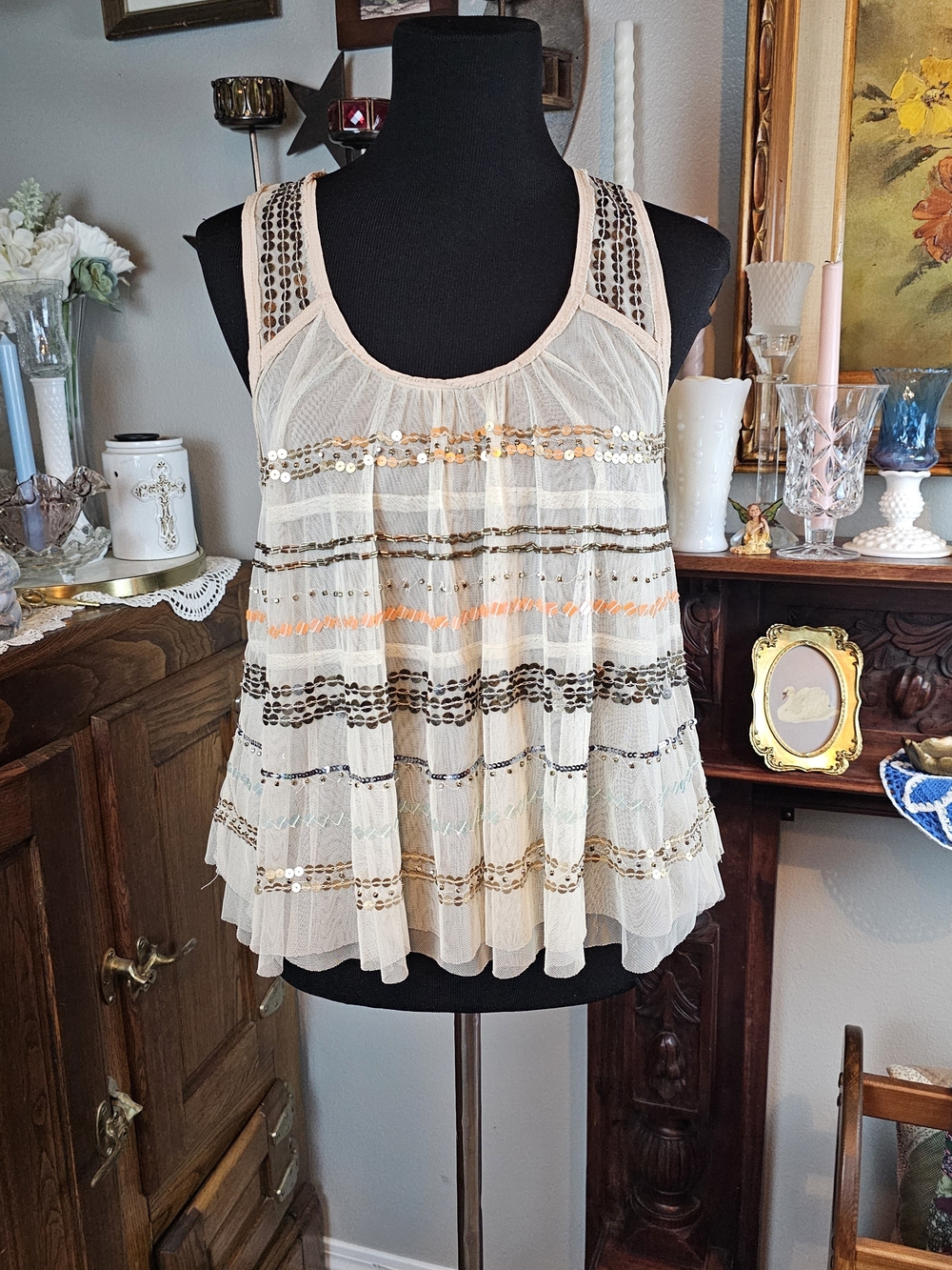 Free People Mercury Mesh Embellished Sequin Beaded Tank Top ivory XS
